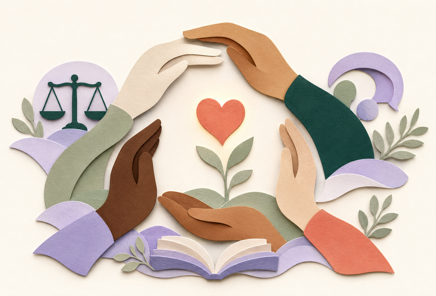 Illustration de mains protectrices entourant un cœur et une jeune pousse