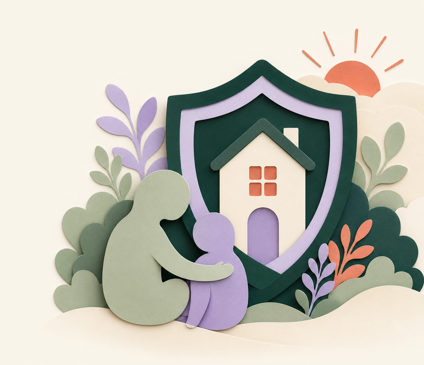 Illustration symbolique d'une maison et d'un bouclier protégeant un enfant